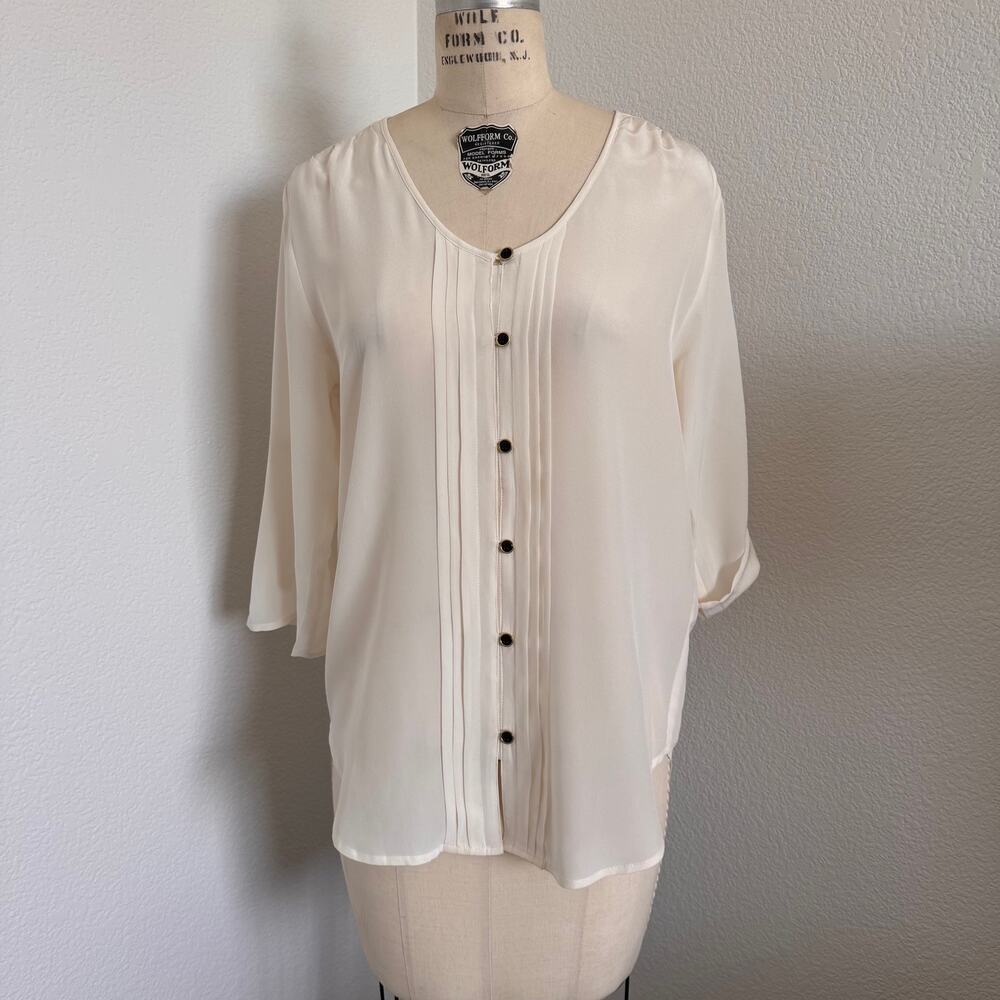Yumi Kim S Ivory 100% Silk Pintuck Blouse 3/4 Sleeve Black Button Luxury Top